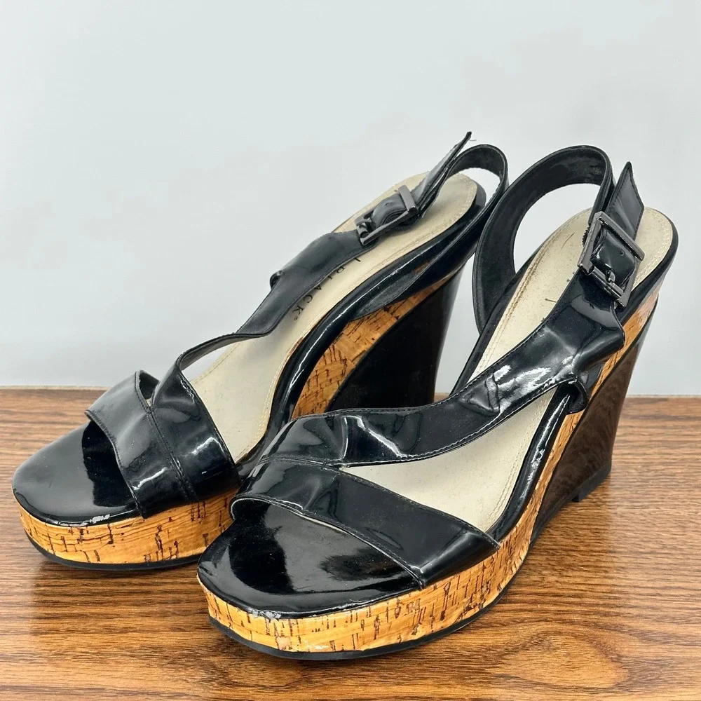 White House Black‎ Market Womens Black Patent Cork Platform Wedge Sandals 8.5M